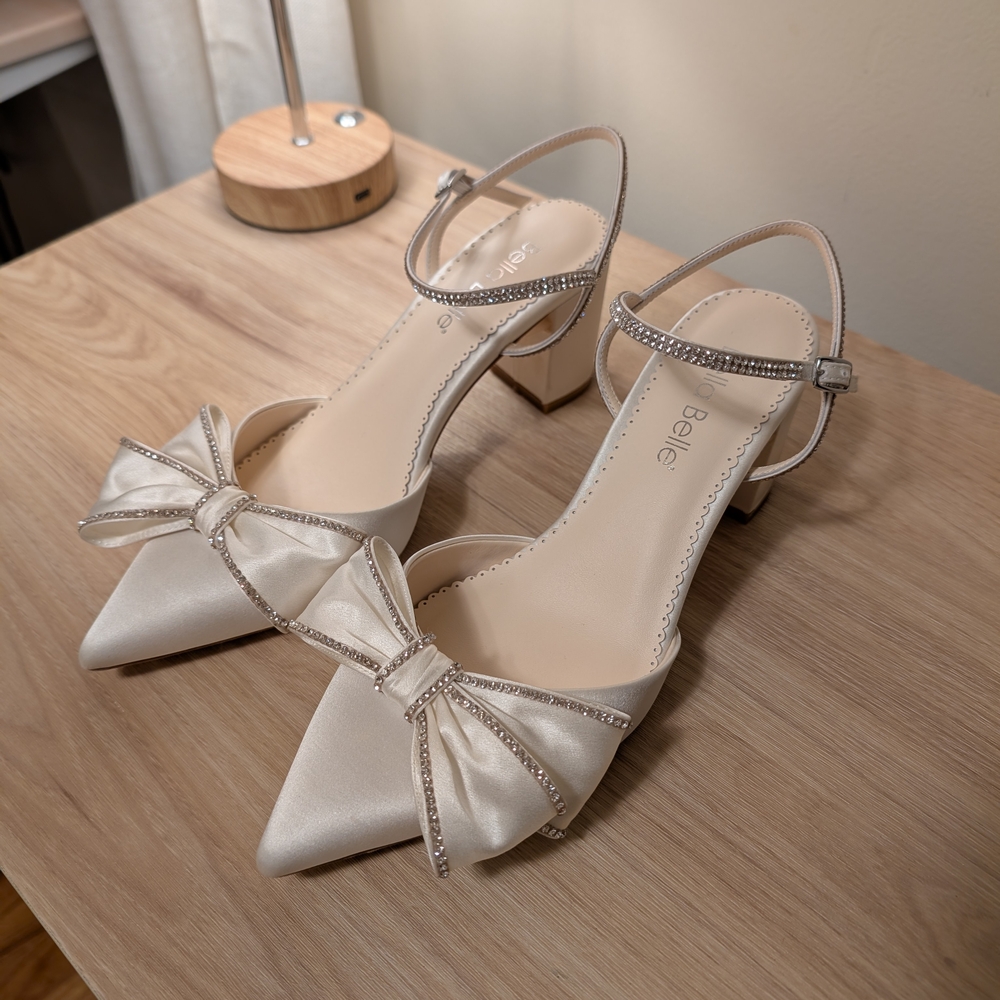 Bella Belle Satin Cream Heels with Bow and Rhinestone Accents - Palmer